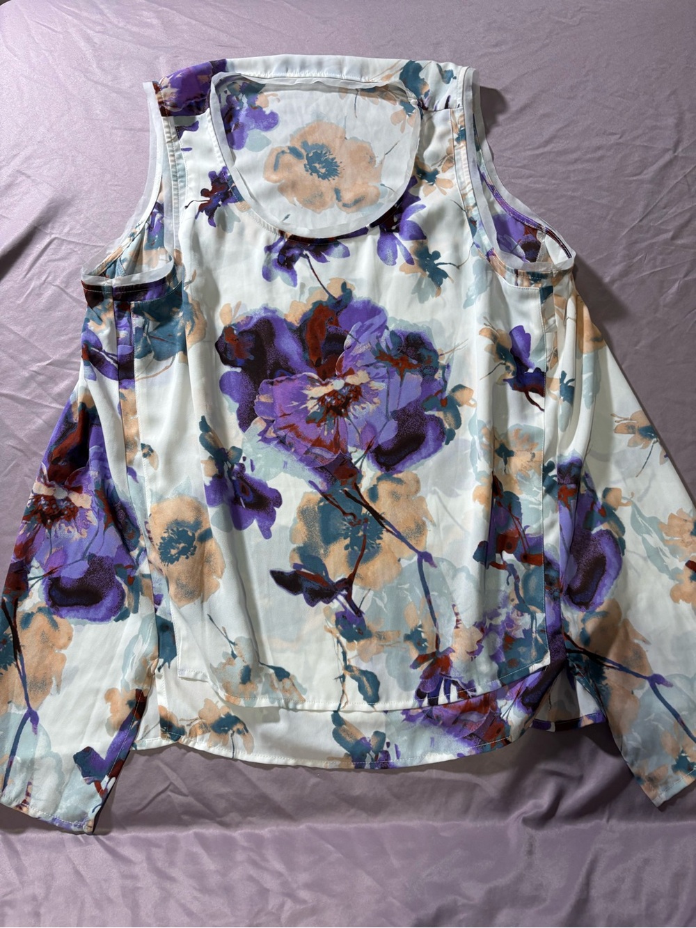 Cold-Shoulder Floral Blouse in White with Purple & Peach Print